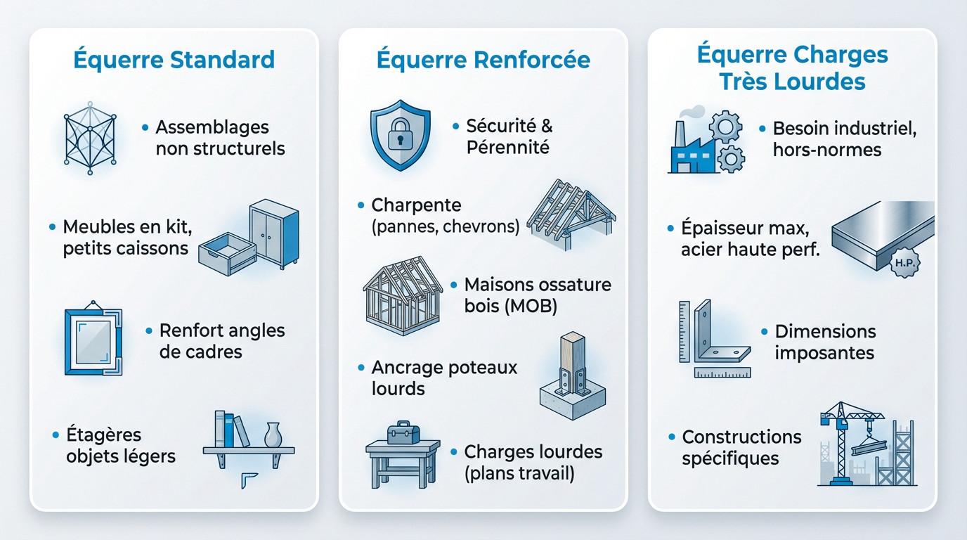 Comparaison des usages entre équerre standard, équerre renforcée et équerre pour charges très lourdes selon le type d’assemblage