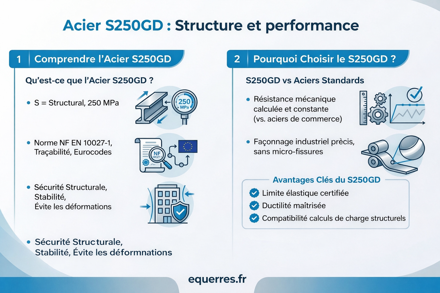 Acier S250GD – Structure, résistance et performances certifiées Infographie acier S250GD : propriétés mécaniques, structure et performance pour applications structurelles